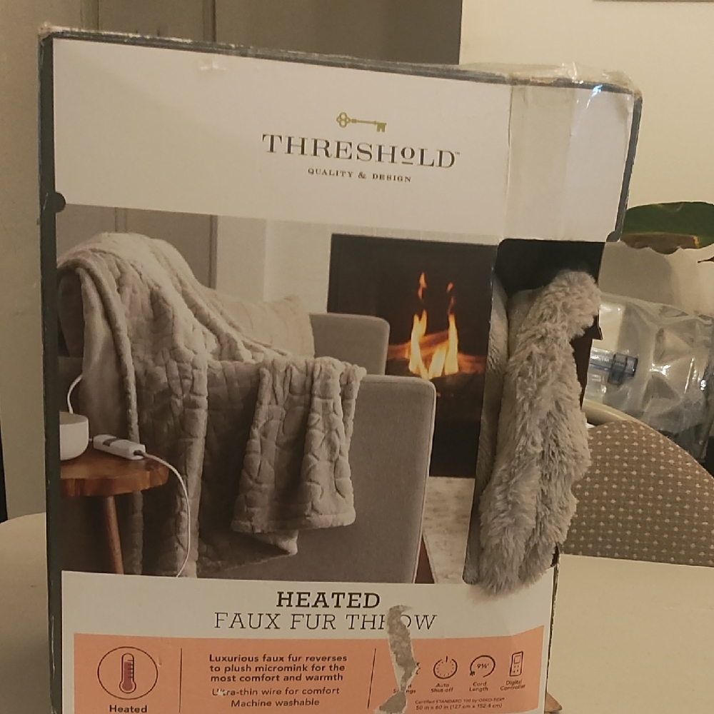 Threshold Heated Faux Fur Throw in Taupe and Light Gray